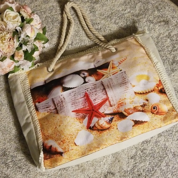 ⚘4 for $24⚘NWOT Beach Scene Tote bag w/Rope Straps - Picture 1 of 2